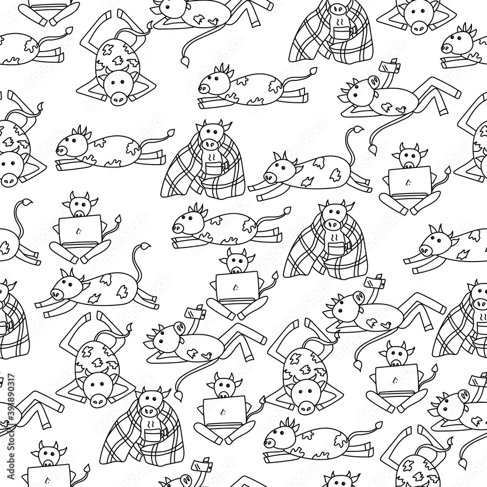 seamless pattern with contour cute bulls in various poses, doodle animals at work and rest