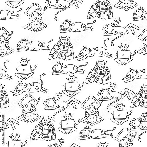 seamless pattern with contour cute bulls in various poses, doodle animals at work and rest