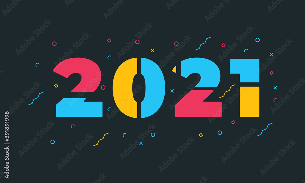 happy new year 2021 banner with modern geometric abstract background in modern style. happy new year greeting card design for year 2021 calligraphy includes colorful shapes. Vector illustration happy new year 2021 banner with modern geometric abstract background in modern style. happy new year greeting card design for year 2021 calligraphy includes colorful shapes. Vector illustration