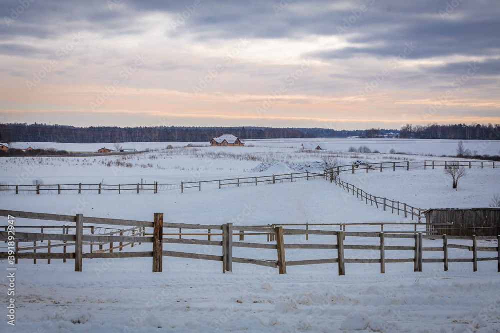 The rural landscape is a winter evening. A horse farm without horses. Wooden fences fence for walking horses