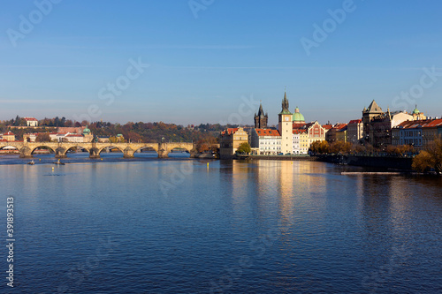Colorful autumn Prague Old Town above River Vltava  Czech Republic