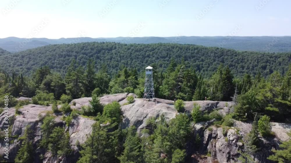 Aerial scenic view of fire observation tower at Bald Mountain Adirondacks state park Aerial scenic view of fire observation tower at Bald Mountain Adirondacks state park