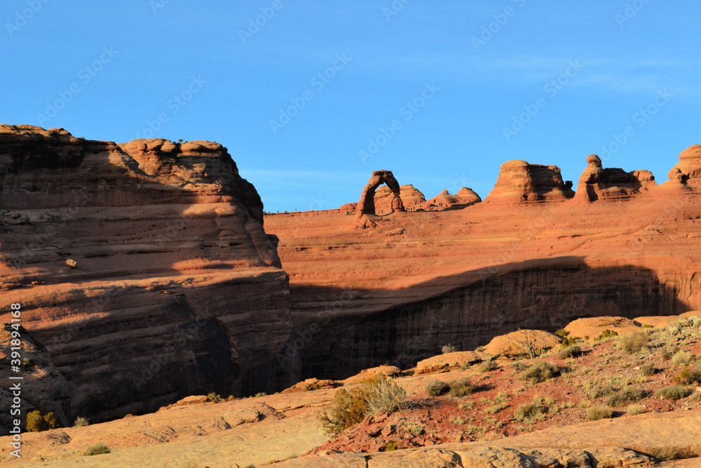 Arches National Park, landscape witch Delicate Arch in the distance, Utah, US Arches National Park, landscape witch Delicate Arch in the distance, Utah, US