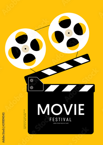 Movie and film poster design template background with film reel and clapperboard