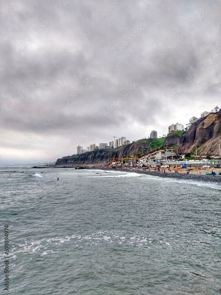Pacific Ocean - Miraflores, Lima, Peru. One of the most affluent districts that make up the city of Lima. It has various hotels, restaurants, bars, nightclubs, and department stores.