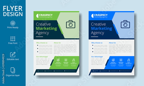 Corporate Creative Editable A4 Size Business Flyer Design Set with Organize Layer | Modern Rectangular Blue and Green Leaflet Design for IT Company