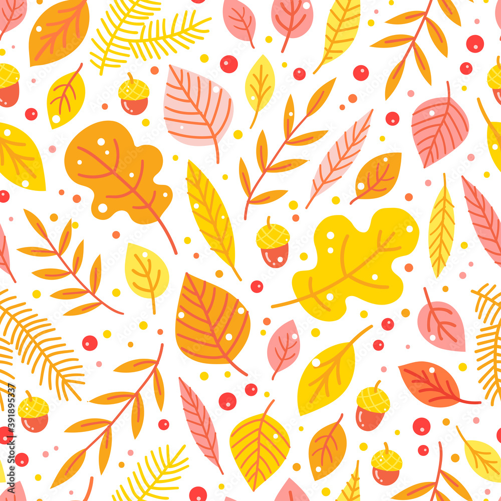 Autumn/fall season seamless pattern background with various tree leaves, acorns and berries. Autumn/fall season seamless pattern background with various tree leaves, acorns and berries.
