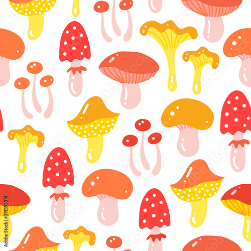Wild mushrooms seamless hand drawn pattern background.