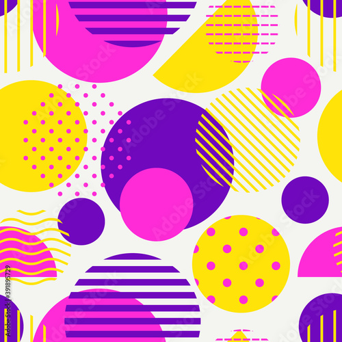 Circle, polka dot seamless pattern. Mixed texture irregular chaotic shapes print. Memphis stile geometric background