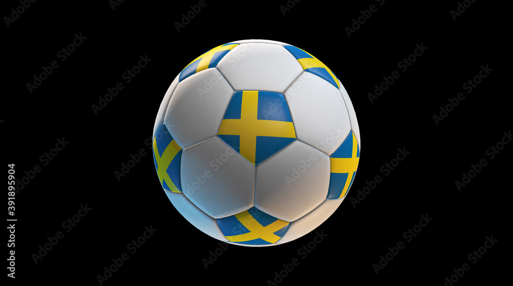 Soccer ball with the flag of Sweden on black background. 3D Rendering