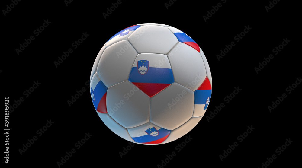 Fototapeta premium Soccer ball with the flag of Slovenia on black background. 3D Rendering
