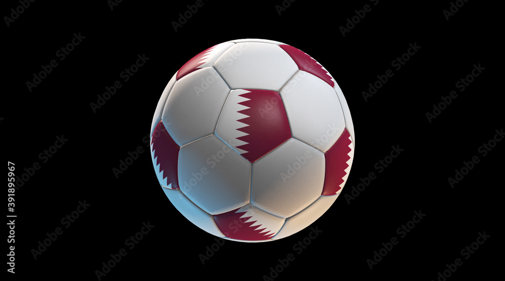 Soccer ball with the flag of Qatar on black background. 3D Rendering