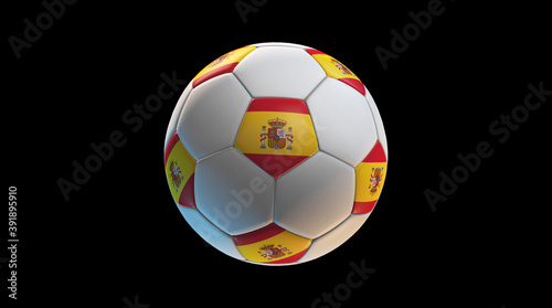 Soccer ball with the flag of Spain on black background. 3D Rendering
