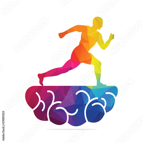 Brain Runner Logo Vector Design.  Athlete Runs on Brain vector Template Design.