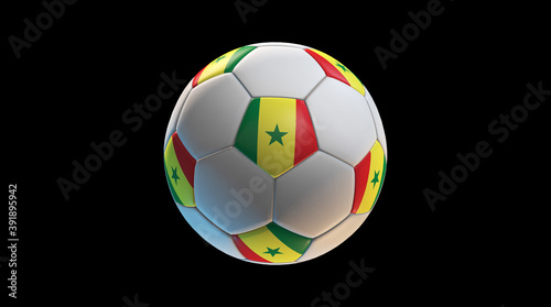 Soccer ball with the flag of Senegal on black background. 3D Rendering