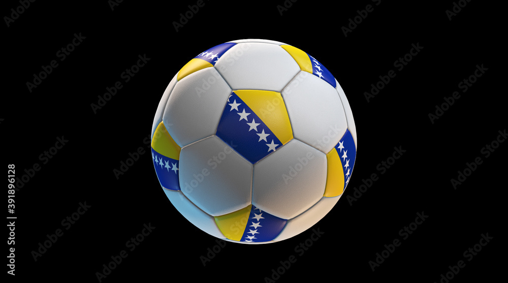 Soccer ball with the flag of Bosnia Herzegovina on black background. 3D Rendering
