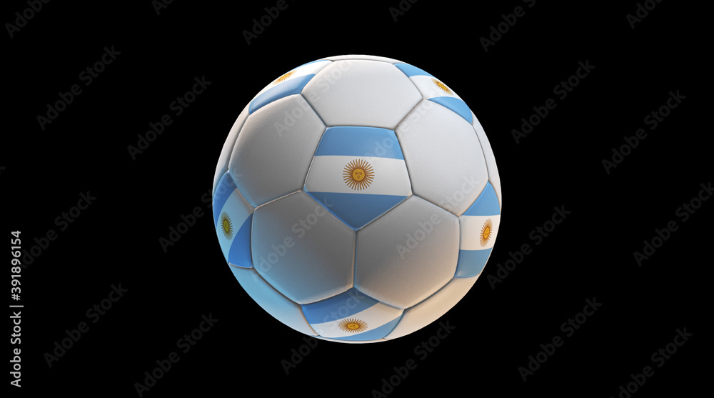 Soccer ball with the flag of Argentina on black background. 3D Rendering