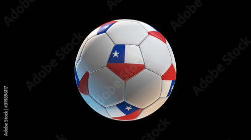 Soccer ball with the flag of Chile on black background. 3D Rendering