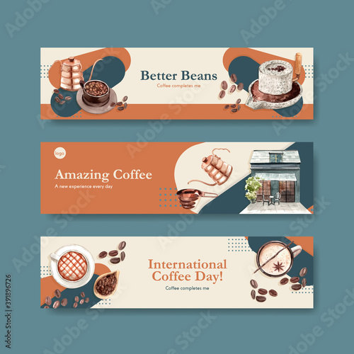 Banner with international coffee day concept design for advertise and marketing watercolor vector