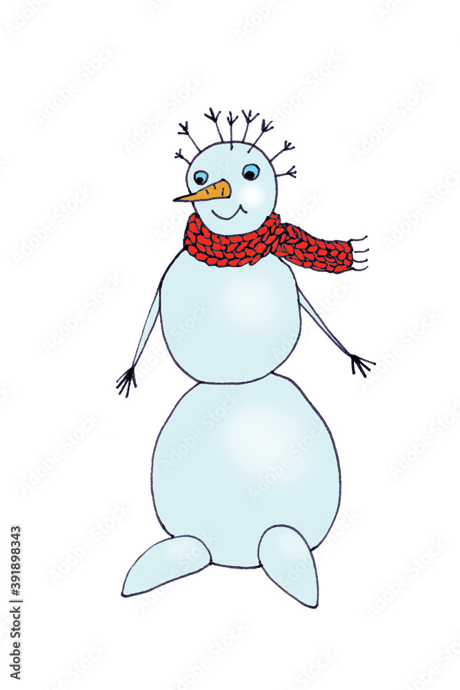 snowman in a knitted scarf, graphic color drawing on a white background snowman in a knitted scarf, graphic color drawing on a white background