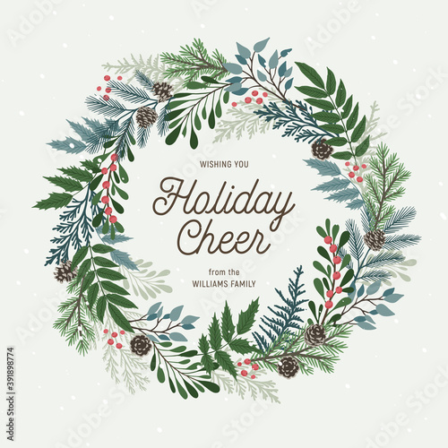 Christmas wreath with holly berries, mistletoe, pine and fir branches, cones, rowan berries. Xmas and happy new year postcard. Vector illustration, holiday invitation