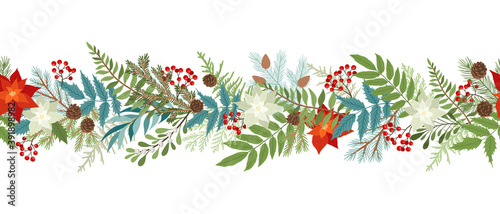 Seamless Christmas border with winter plants and floral, poinsettia, holly berries, mistletoe, pine and fir branches, cones, rowan berries. Xmas and New Year vector illustration. Vector illustration
