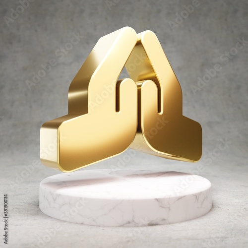 Praying Hands icon. Shiny golden Praying Hands symbol on white marble podium.