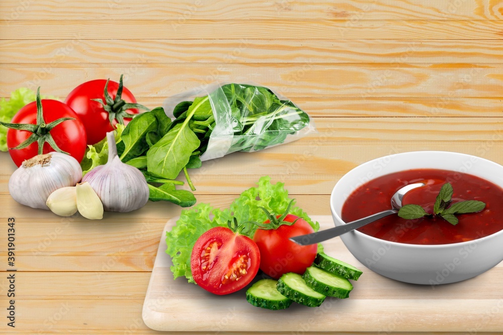 Fresh tomato soup in a white bowl Fresh tomato soup in a white bowl