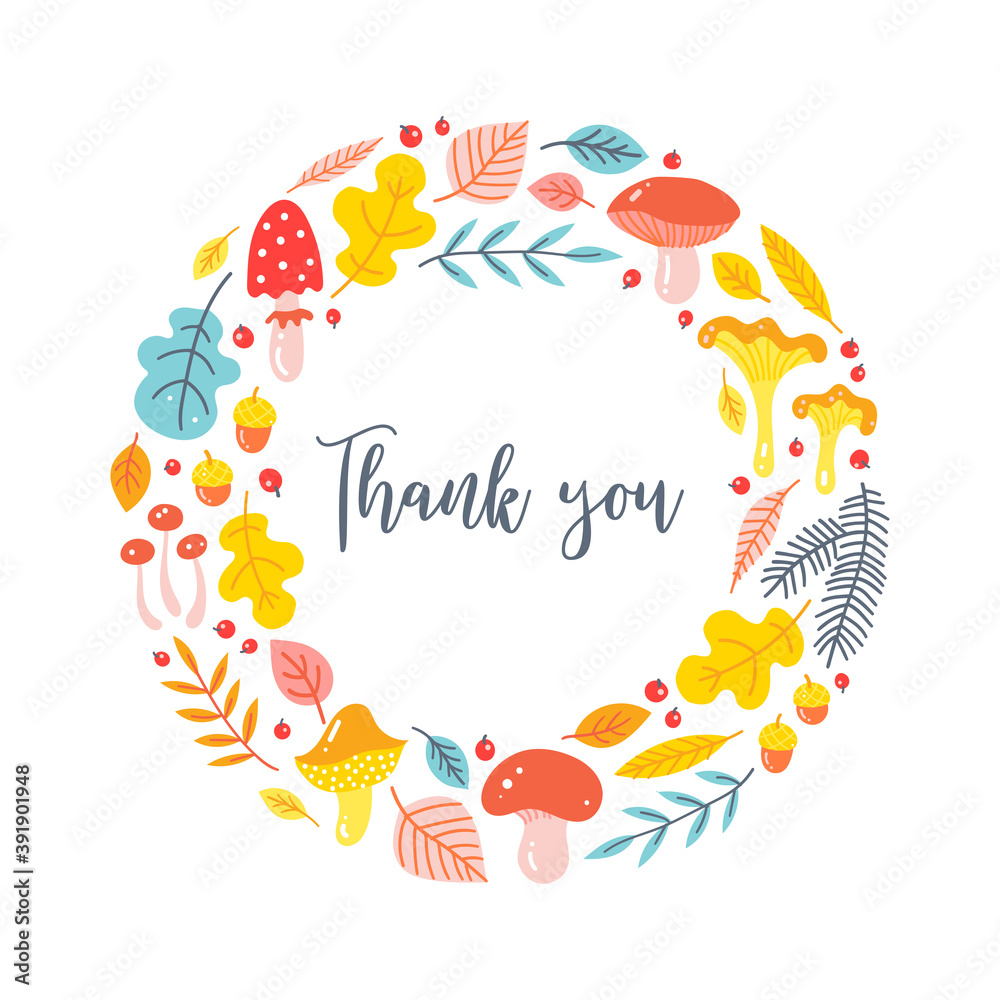 Thank you card template design with leaves, mushrooms, acorns and berries.