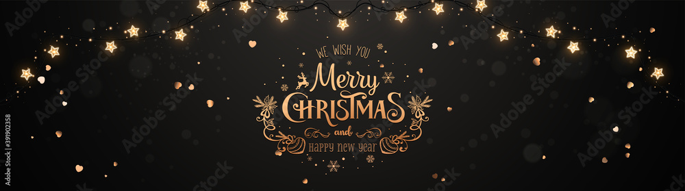 Merry Christmas and New Year text lettering on dark background with glitter gold confetti, bokeh and glowing lights garland. Xmas card. Vector Illustration, holiday realistic banner Merry Christmas and New Year text lettering on dark background with glitter gold confetti, bokeh and glowing lights garland. Xmas card. Vector Illustration, holiday realistic banner