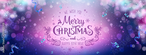 Merry Christmas and New Year text lettering on neon holiday background with blue ribbons  sparkles  glitter pink confetti  bokeh and glowing lights. Xmas card. Vector Illustration banner