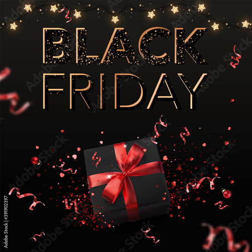 Black Friday text lettering on dark background with black gift box, red ribbons, decoration, confetti  and glowing lights garland. Super Merry Christmas sale. Vector Illustration, realistic banner