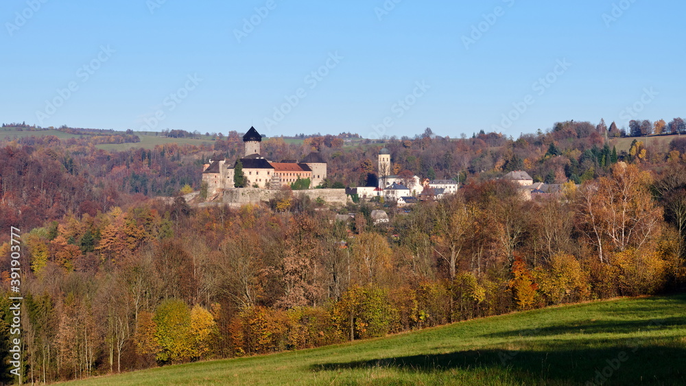Sovinec medieval castle in autumn colored forest - Czech Republic.