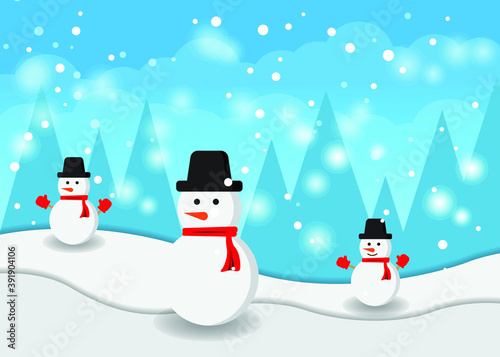 pines and snowman in snow forest. vector illustration snow. beauty sky
