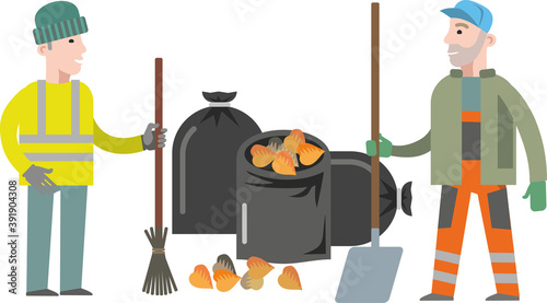 Janitors with a shovel and broom  sweep the yellow leaves and collect them in garbage bags. Utilities, street and city cleaning. Environmental problems, clean roads, streets. Flat infographics. Vector