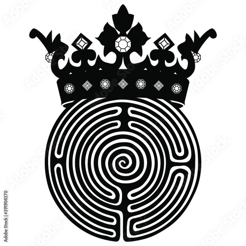 Round spiral maze or labyrinth in royal crown. Creative concept. Finding the way. Black and white silhouette.
