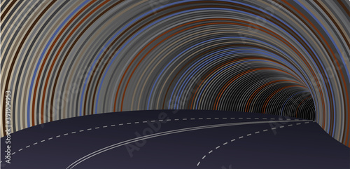 Highway tunnel, bend. Vector stylized image of the road in tunnel