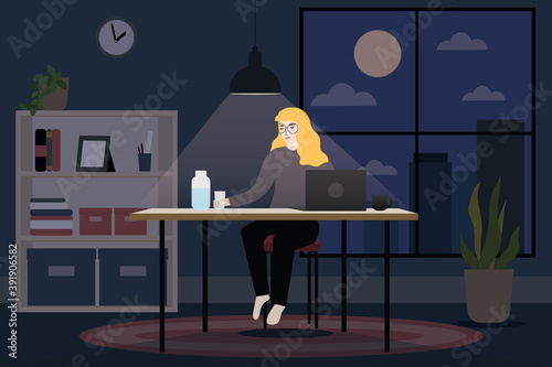 Woman stay home and safe working late until night and light above the table in the working room.