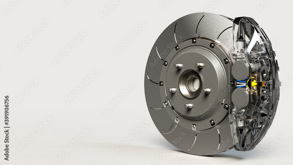 Brake Disc and Clear transparent Calliper on white table. Brake from Racing car with Clipping path and copy space for your text. 3D Render. Brake Disc and Clear transparent Calliper on white table. Brake from Racing car with Clipping path and copy space for your text. 3D Render.