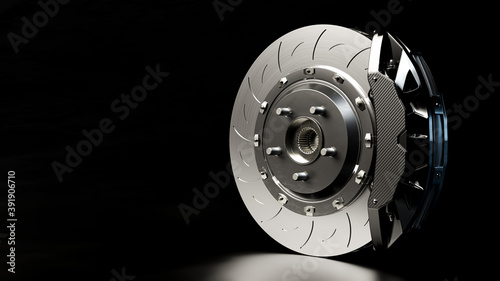 Brake Disc and Black Calliper and dark background. Brake from Racing car with Clipping path and copy space for your text. 3D Render.