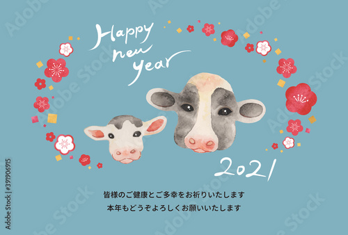 年賀状 2021年 水彩画 牛の親子 顔アップ 梅の花 背景ブルー（賀詞：あり／添え書き：あり）