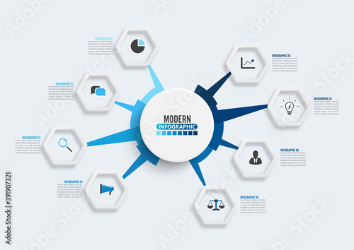 Vector infographic template with 3D paper label, circles. Business concept with 8 options. For content, diagram, flowchart, steps, parts, timeline infographics, workflow, chart.