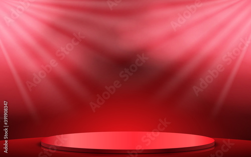 red podium and red spotlight with smoke on the stage