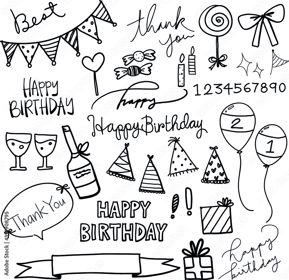 Hand Drawn Happy Birthday Hand Writing Celebration Vector Clip Art Pack Set Stock Vector Adobe