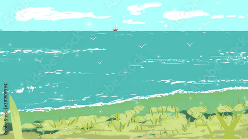 Beautiful coastal landscape, illustration background, illustration rendering