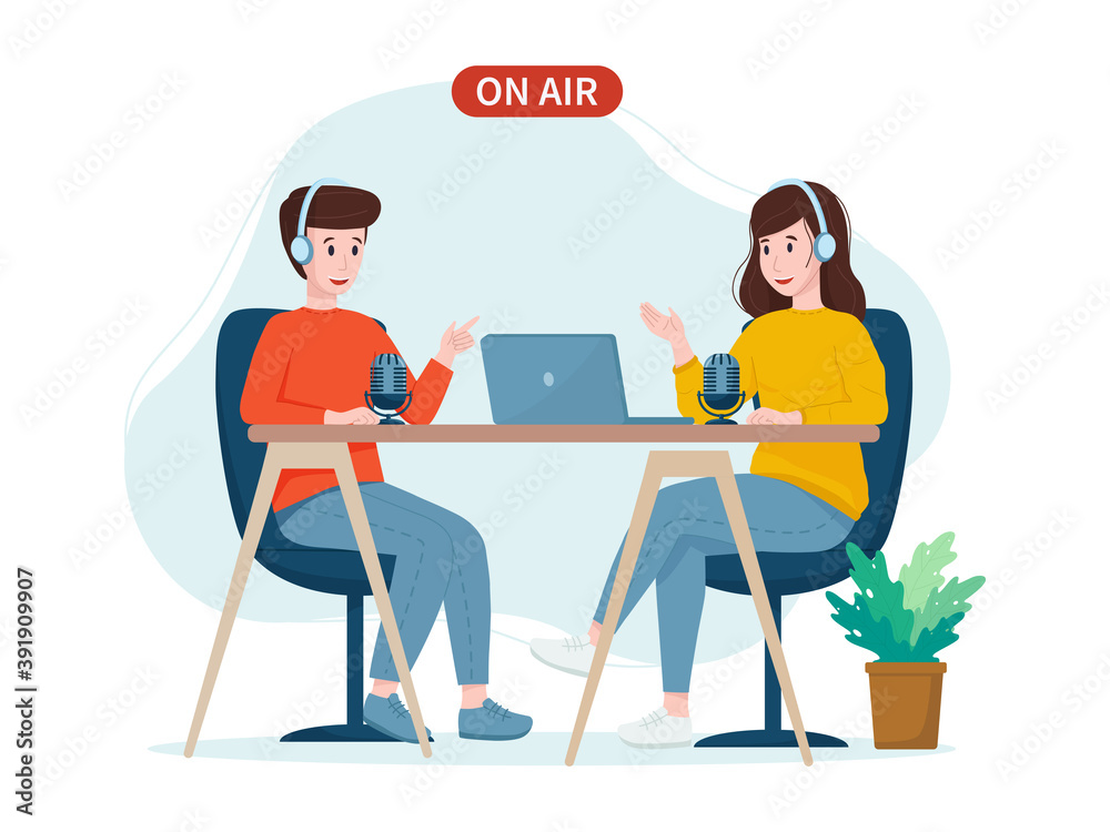 Vector illustration: podcast concept. Podcasters man and woman in headphones talking into a microphone while recording a podcast.