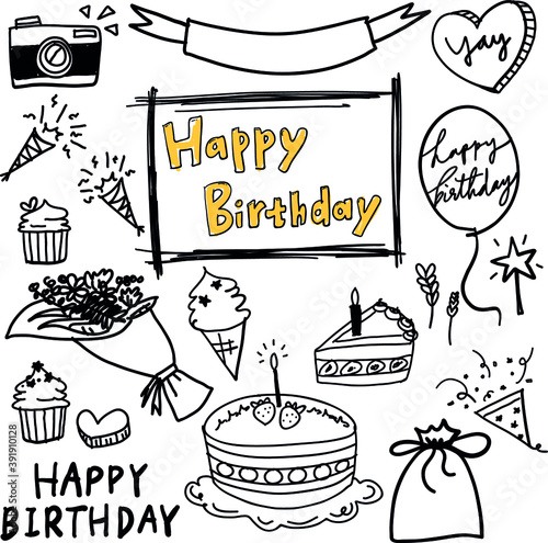 Hand drawn happy birthday party celebration vector clip art set hand writing hand drawn 