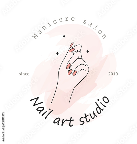 Vector logo template for nail art studio. Modern design for manicure and pedicure salon beauty and spa center. Linear illustration isolated on pink watercolor background.