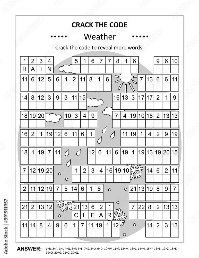 Crack the code word game, or codebreaker word puzzle, with various weather  related words and phrases. Answer included. Stock Vector