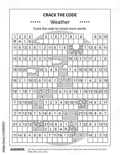 Crack the code word game, or codebreaker word puzzle, with various weather related words and phrases. Answer included.
